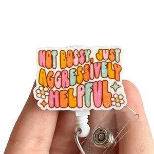 Glitter My Badge Funny not bossy aggressively helpful nurse badge reel for nurse and hospital workers. Badge clip Badge pull - Retractable swivel clip with a 360 rotation. Great gift for coworker.