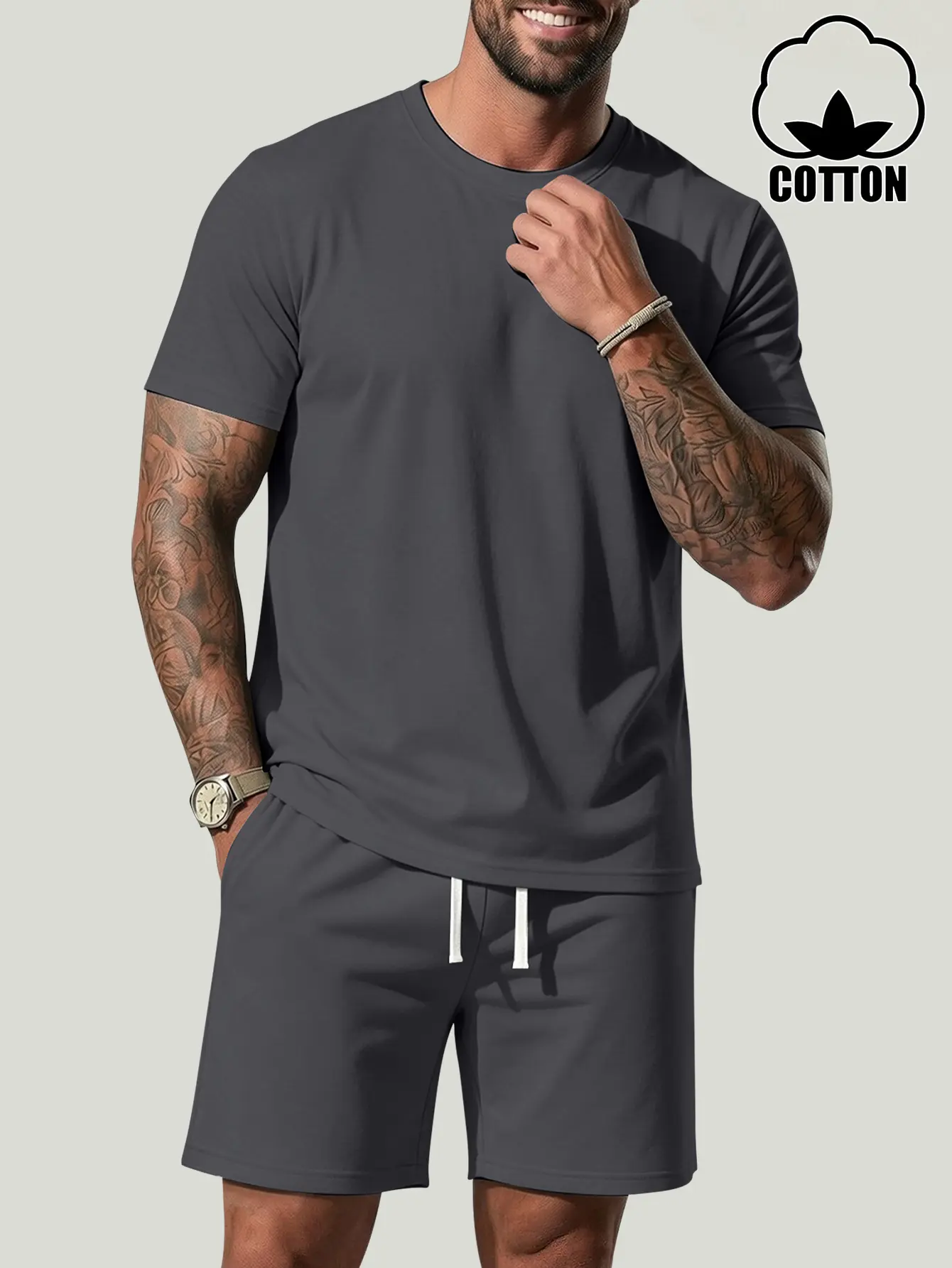 Men's Summer Cotton 2-Piece Set Breathable Short Sleeve T-Shirt and Drawstring Shorts for Gym Casual Wear and Street Style Lightweight Comfort Fit Perfect for Hot Weather and Daily Outings Clothes Menswear