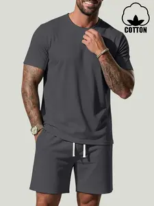Men's Summer Cotton 2-Piece Set Breathable Short Sleeve T-Shirt and Drawstring Shorts for Gym Casual Wear and Street Style Lightweight Comfort Fit Perfect for Hot Weather and Daily Outings Clothes Menswear