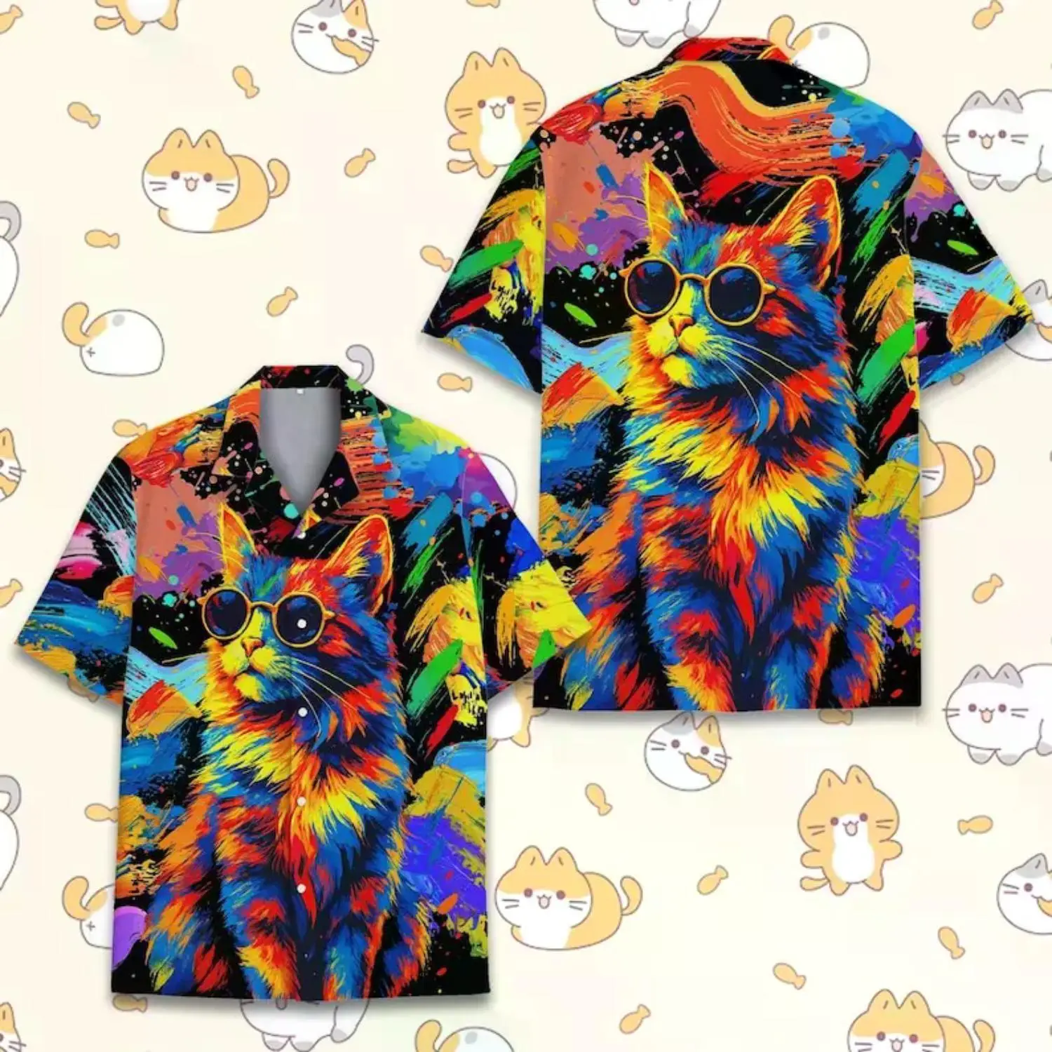 Vibrant Cat Hawaiian Shirt for Men, Women & Youth - Trippy Sunglasses Aloha Shirt - Summer Short Sleeve Button-Down - Funky Feline Design