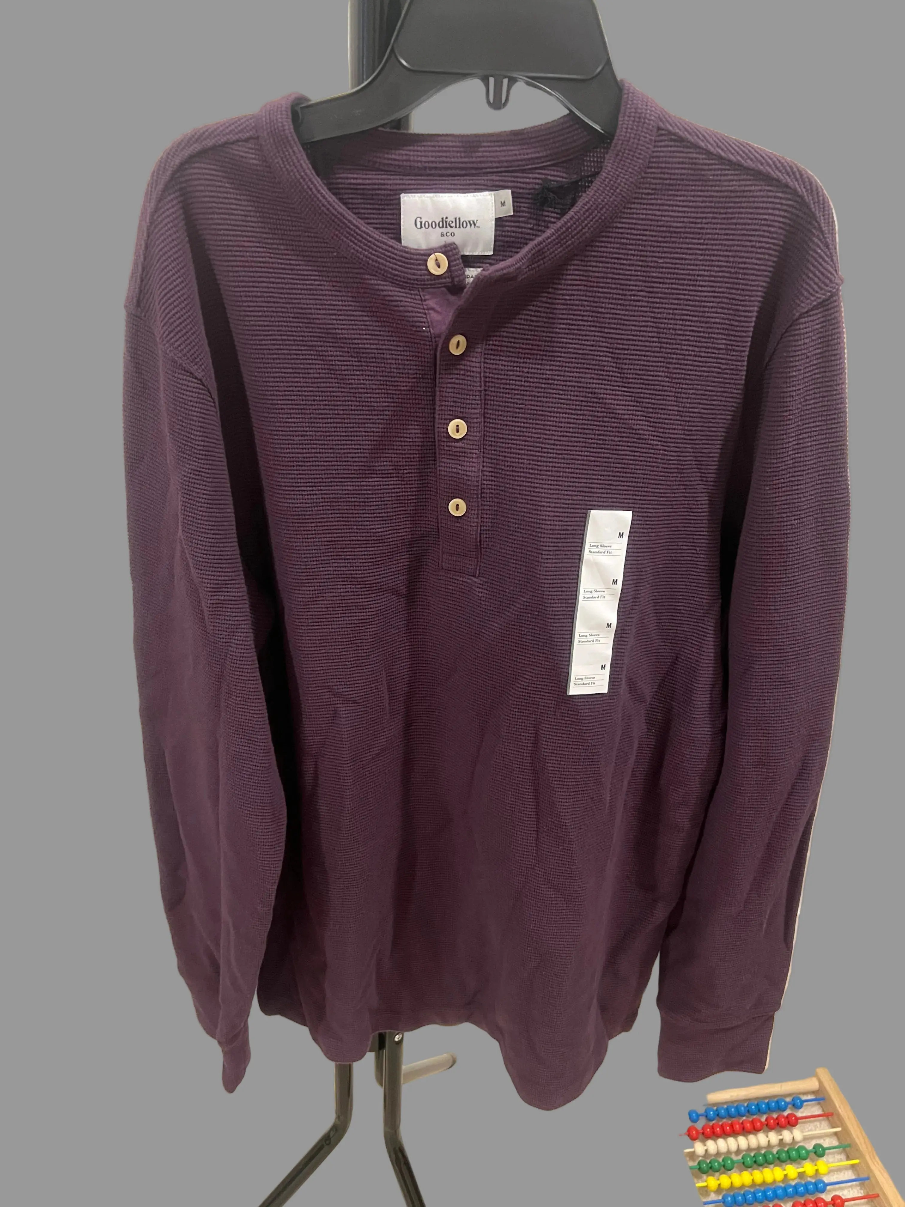 Men's Henley Top, Casual Long-Sleeve Textured Pullover with 4-Button Placket for Everyday Wear - Purple, Tops