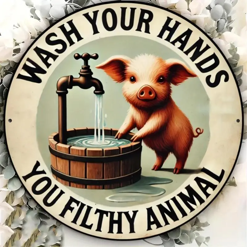 Cute Pig Pattern Wall Art, Vintage Hand Washing Pig Sign, Durable mental Wall Art, Perfect for Kitchens, Bars, Cafes & Garages, Decor, Vintage Garage Signs