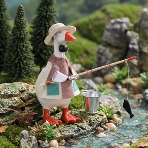 Desk Goose Outfits Fishing Duck Costume Set Fieldsmen Clothes Mini Straw Hat Fishing Rod and Bucket for 7 Inch Goose Duck Statue Funny Decor Accessories Home Decoration