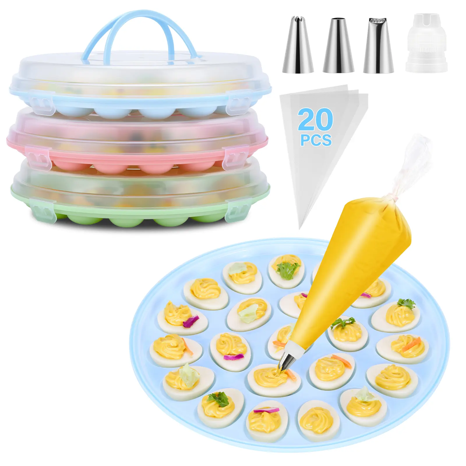 PAHTTO 3 Pack Stackable Deviled Egg Container with Lid for Easter, Picnic | Deviled Egg Container with Handle, 66-Slot Egg Carrier Tray for Fridge Storage, Easter, Christmas, Parties, Dishwasher