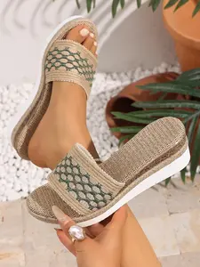 Women's Ethnic Style Thick Sole Sandals, Casual Vacation Flats, Anti-Slip Hemp Rope Bottom, Soft Rubber Sole, Open Toe, Medium Width