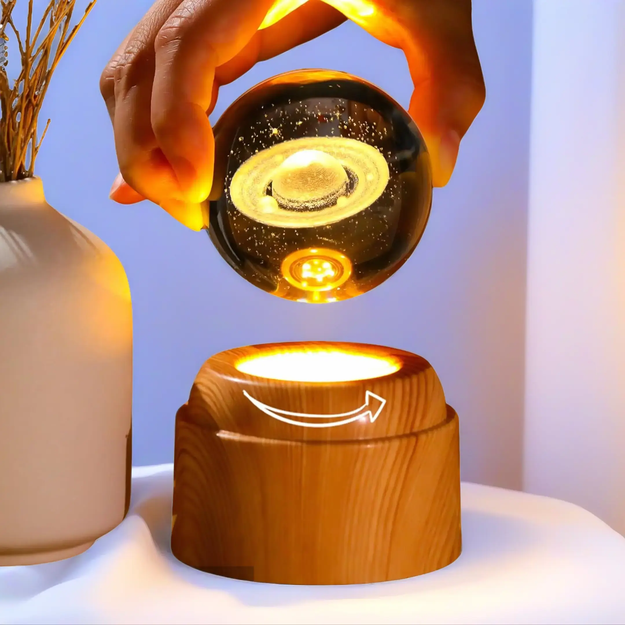 Father's Day 3D Saturn Crystal Ball 2.36 inches, carved rotating wooden base, crystal ball Saturn lamp, astronomy gift, physical science decoration, space gift suitable for women and men, holiday gift, children's gift
