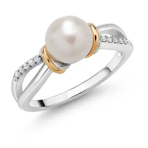 Gem Stone King Cultured Freshwater Pearl and White Lab Grown Diamond Ring for Women | 925 Sterling Silver and 10K Yellow Gold | Round 7-7.5MM Pearl | Available In Size 5, 6, 7, 8, 9