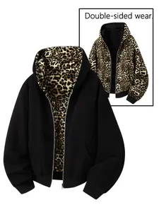 Unisex zip-up hoodie jacket with leopard print, reversible for both front and back wear; loose casual long sleeves with kangaroo pocket hood—ideal for autumn/winter everyday streetwear styling.