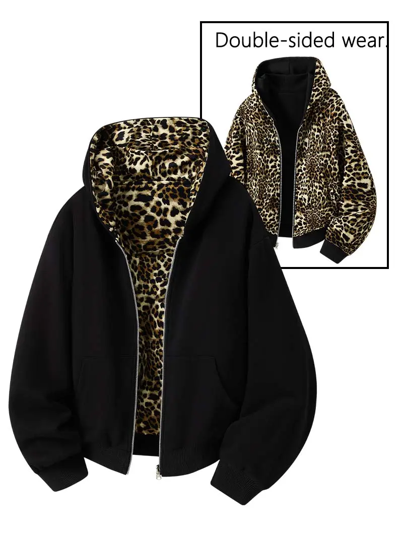 Unisex zip-up hoodie jacket with leopard print, reversible for both front and back wear; loose casual long sleeves with kangaroo pocket hood—ideal for autumn/winter everyday streetwear styling.