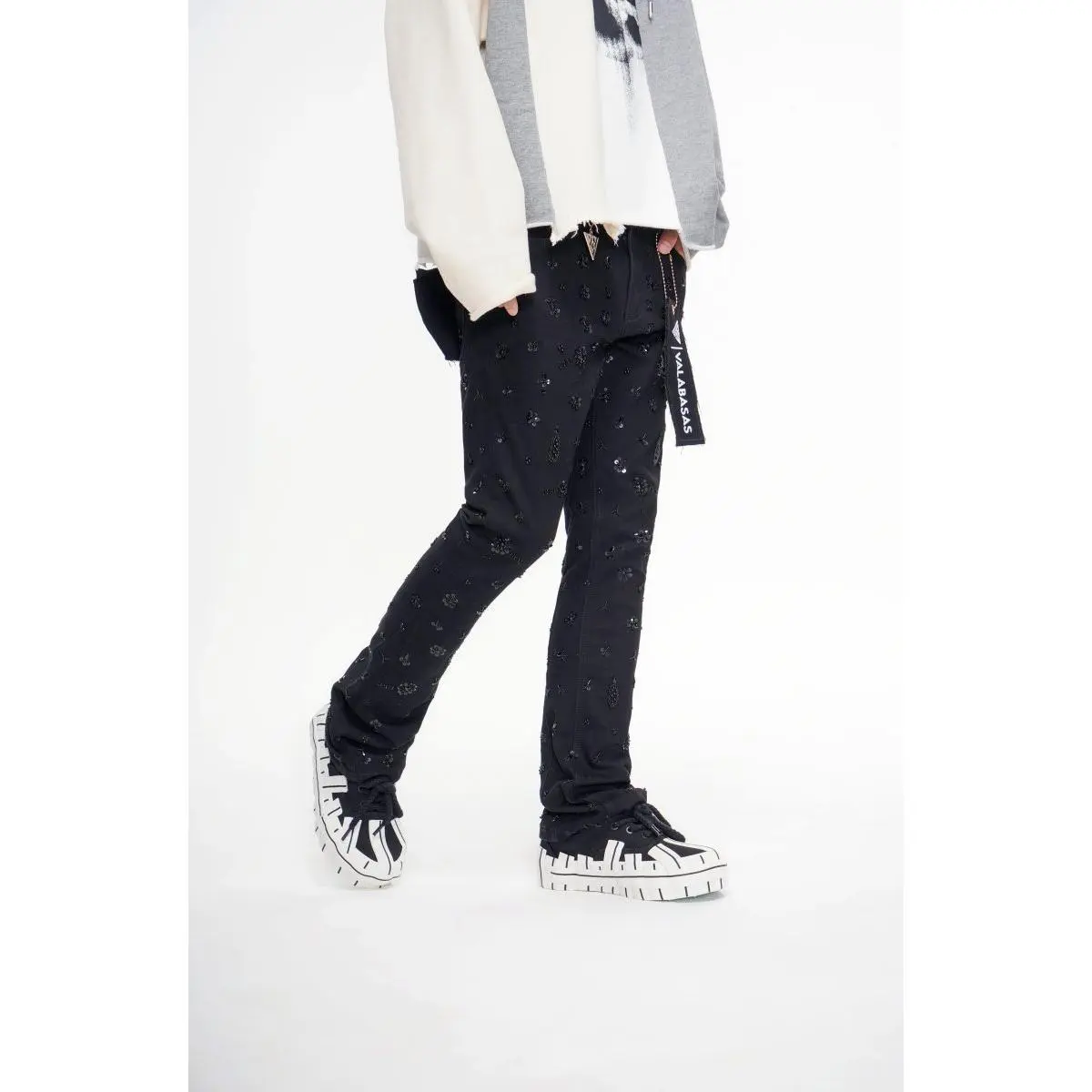Men's Shea Jet Black Textured Denim Menswear Streetwear Stacked-Flared Pants, Extended Stack, Stacking At Hem