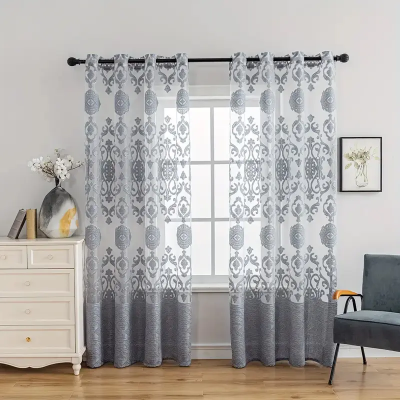 2-Panel Retro Vintage Luxury Jacquard Print Grommet Rod Hang Curtains, 132cm Width, See-Through Elegant Design, Small Window Curtains for Living Room, Window Decor, Home Divider, Luxury Curtains