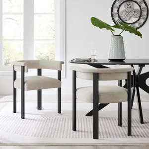Modway Imogen Woven Heathered Fabric Upholstered Barrel Dining Chairs - Set of 2 in Heathered Weave Ivory Black