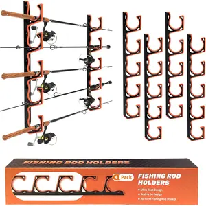 Fishing Rod Holder for Garage, H5 Wall or Ceiling Mounted Fishing Pole Holders with Soft Protective Pad, Fishing Rod Storage Organizer, Horizontal Fishing Rod Wall Mount Nets Storage (4 PACK)