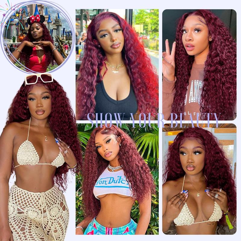 【30 Inch only $119 】99j Burgundy Deep Wave Lace Front Wigs Human Hair 99j 13x6 HD Lace Front Wigs Human Hair 200 Density Deep Wave Wig Pre Plucked Red Colored Curly Wig for Women