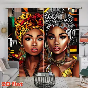 2D Flat 2Pcs African American Women Portrait Curtain Panels, Ethnic Style Window Drapes, Semi Sunshade Decor for Living Room Bedroom Balcony Kitchen Study, Privacy Protection, Aesthetics, Black History Month Decor.