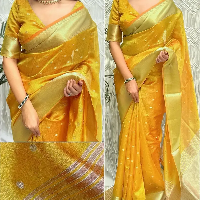 Elegant Comfy Fabric Tissue Silk Saree with unstitched blouse piece