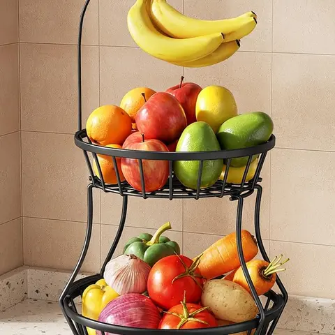 Black 2-Tier Tall Durable Metal Wire Storage Basket with Tree-Shaped Banana Hook - Hangable Hanger, Airy Fruit Vent Countertop Storage, House & Room Decor, Stackable Kitchen Organizer Gadget