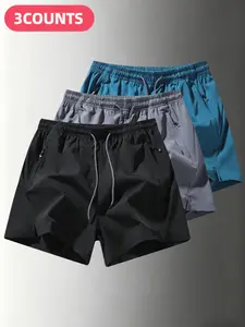 Men's Summer Casual Gym Shorts 3-Piece Set, Drawstring & Zipper Pockets, Breathable Quick-Dry Fabric, Outdoor Running Hiking Gift, Athleisure Casual Shorts