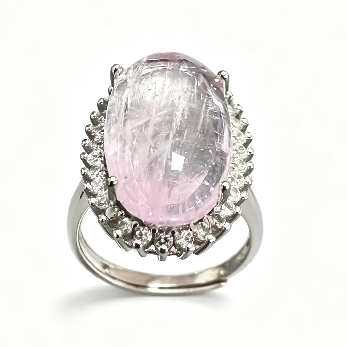 Natural Kunzite Halo 925 Silver Adjustable Ring | Oval Cabochon Statement