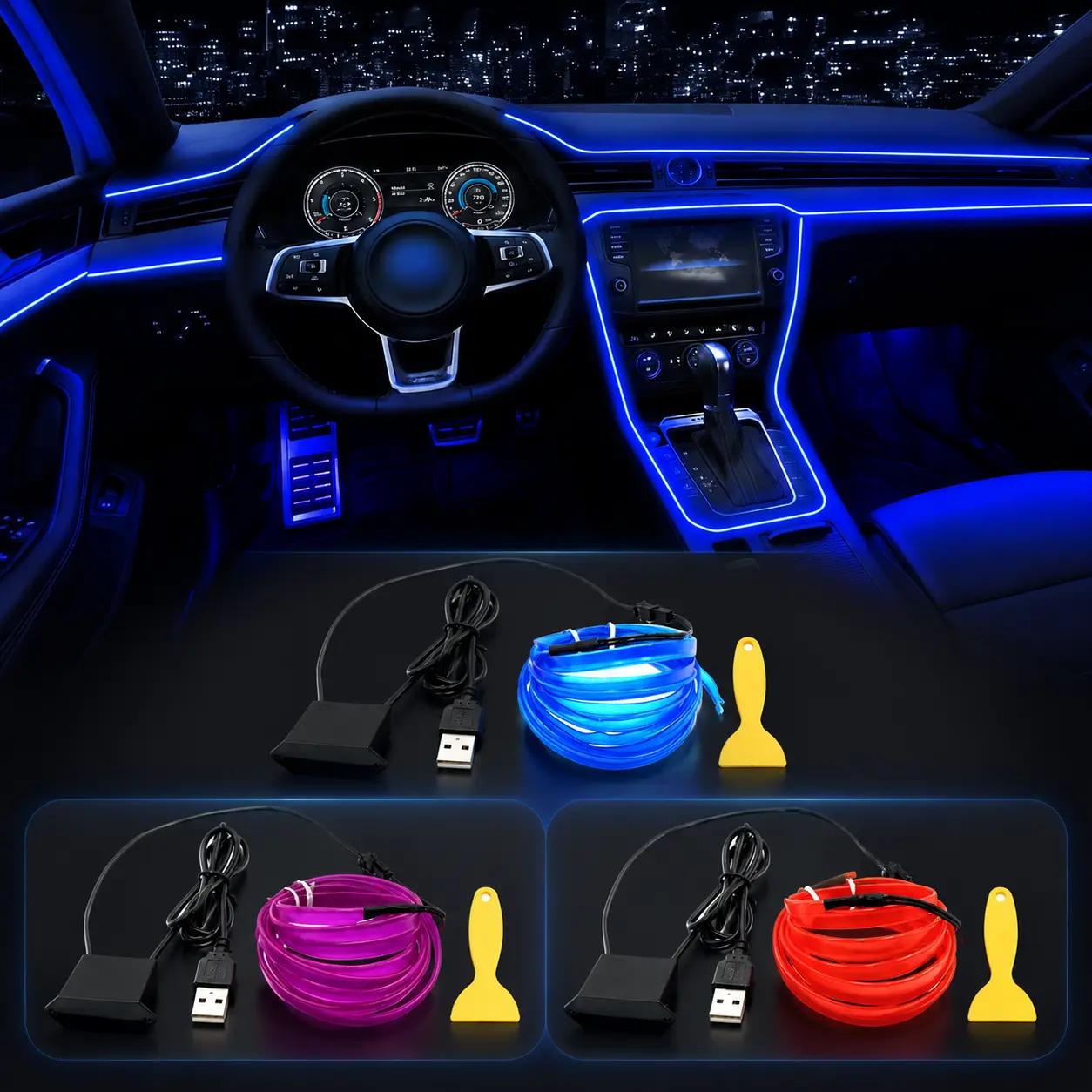 Wire Interior Car LED Strip Lights, 16.5FT USB Neon Glowing Strobing El Wire Strip with 6mm Sewing Edge, Ambient Lighting Kits for Car Inside Decorations (Blue)
