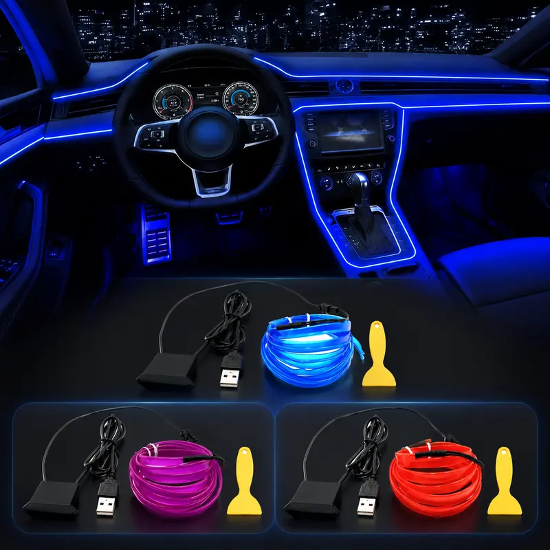 Wire Interior Car LED Strip Lights, 16.5FT USB Neon Glowing Strobing El Wire Strip with 6mm Sewing Edge, Ambient Lighting Kits for Car Inside Decorations (Blue)