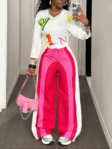 Women's Fashion Colorblock Print Sporty Long Pants, Loose Fit Wide Leg Woven Sweatpants, Casual Comfortable Athletic Trousers
