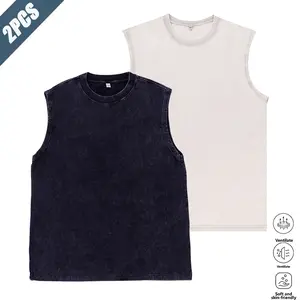 Pack of 2 unisex sleeveless tank tops, minimalist casual versatile style, washed distressed finish for a premium feel, breathable skin‑friendly fabric that stays cool and wicks sweat, classic crew neck design flattering on all face shapes, loose fit suita