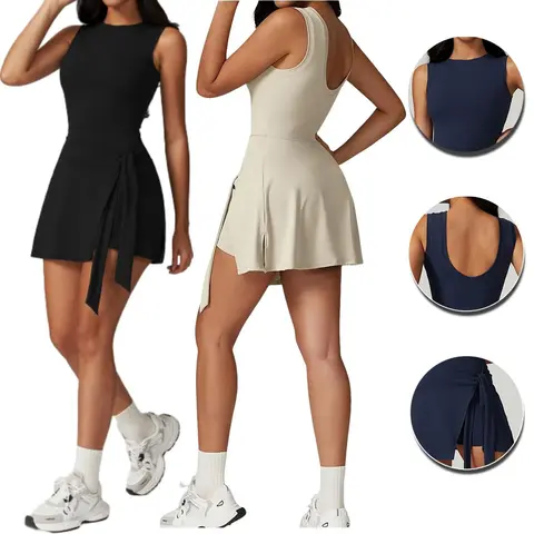 Women's Brown Fitted Sleeveless Tie-Front A-Line Tennis Dress - Above-the-Knee, Built-in Shorts, Wrap Skirt, Nylon, Quick-Dry, Breathable Athletic Dress for Female Tennis, Golf (Tank Top Design)