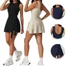 Women's Brown Fitted Sleeveless Tie-Front A-Line Tennis Dress - Above-the-Knee, Built-in Shorts, Wrap Skirt, Nylon, Quick-Dry, Breathable Athletic Dress for Female Tennis, Golf (Tank Top Design)