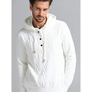 Single piece men's knitted sweater with twisted flowers, drawstring hood, and pull-over design, 7-needle hand-knit sweatshirt jacket