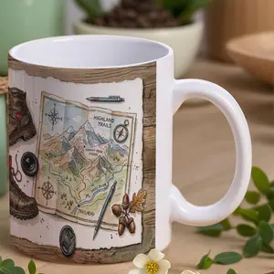 Watercolor Hiking Adventure 11oz Ceramic Mug - Map, Boots, Backpack Print, Durable for Camping, Gifts, Outdoor Enthusiasts
