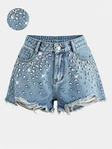 Women's High Waist Y2K Ripped Raw Hem Denim Shorts, Rhinestone & Sequin Design, 2026 Summer New Style Slimming Heavy-Duty Rhinestone Hot Pants, Suitable for Party & Casual Wear, Summer Vacation Fashion Women's Denim Shorts