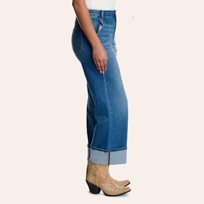 Lovervet Women’s Medium Wash High Rise Slant Pocket Cuffed Wide Leg Jeans