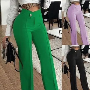 Slim straight-leg pants with buckle, solid color women’s fashion trousers — basic womenswear bottoms made from spandex–polyester fabric, comfortable fit