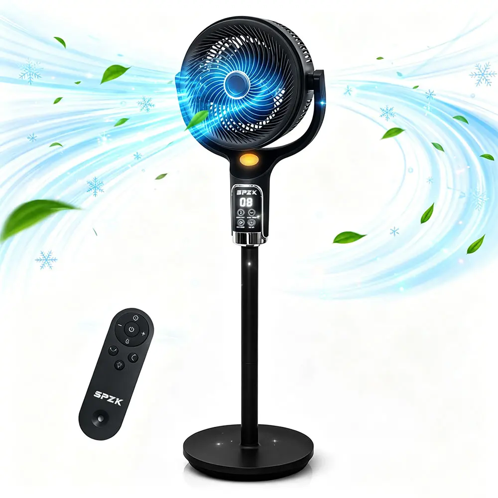 SPZK Air Circulator Fan for Bedroom, 60° Oscillating Standing Fan with Remote. Quiet Pedestal Fan, 8 Speeds, 9H Timer, Adjustable Height. Powerful Whole Room Cooling Floor Fan for Home, Living Room & Office.