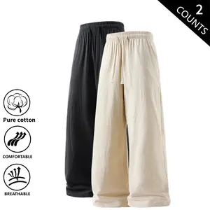2-Pack Men’s Casual Pants – Pure Cotton Summer Lightweight, Breathable, Drapey Loose Straight-Leg Linen Pants