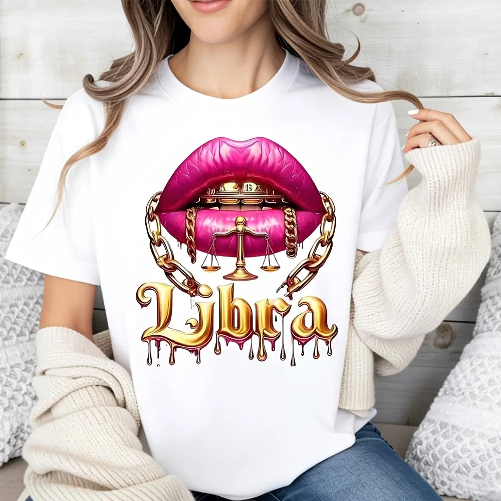 Women's Casual Cotton Short-Sleeve Round Neck T-Shirt - Libra Zodiac Design with Pink Lips & Golden Scales, Breathable Fabric, Summer Everyday Wear, Gift for Astrology Enthusiasts, Shortsleeve, Tee, Essential, Shrink Resistant, Flat, Lady, Style, Oversize
