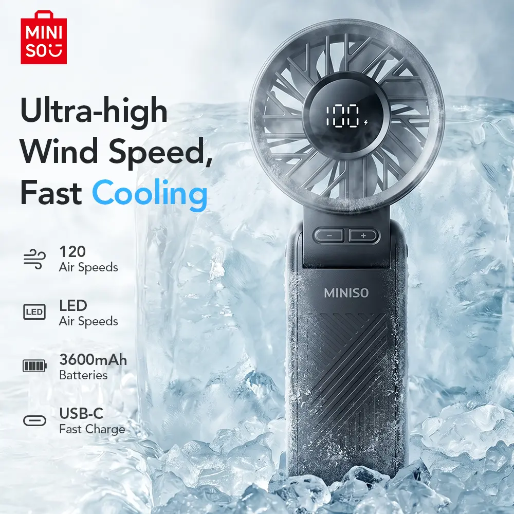 Miniso Portable Handheld Turbo Fan,7m/s High Speed Portable Fan 5 Speed (1-100), 180° Foldable Personal Handheld Fans with Powerful Rechargeable Battery, Mini Fans, Digital Display for Outdoor