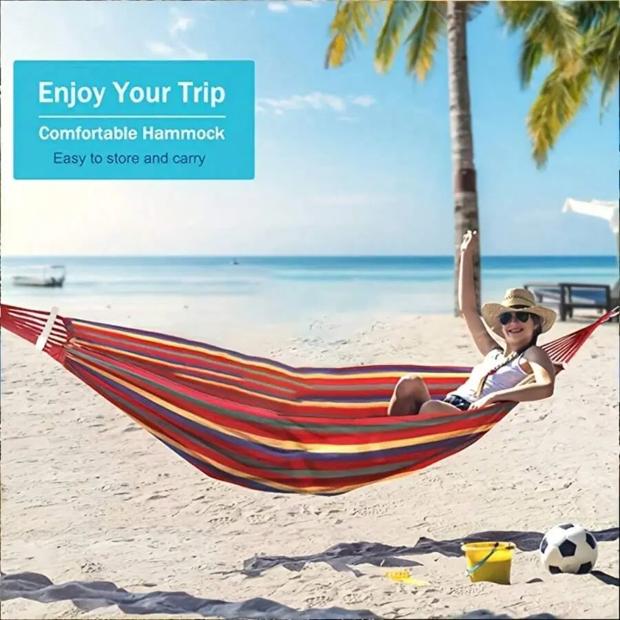 Heavy Duty Outdoor Hammock, 330 Lbs Capacity, Durable & Portable With Tree Straps And Travel Bag, Striped Red Fabric, Perfect For Camping, Patio, Backyard, Or Indoor Relaxation - Easy To Store And Carry, Hammocks For Outside