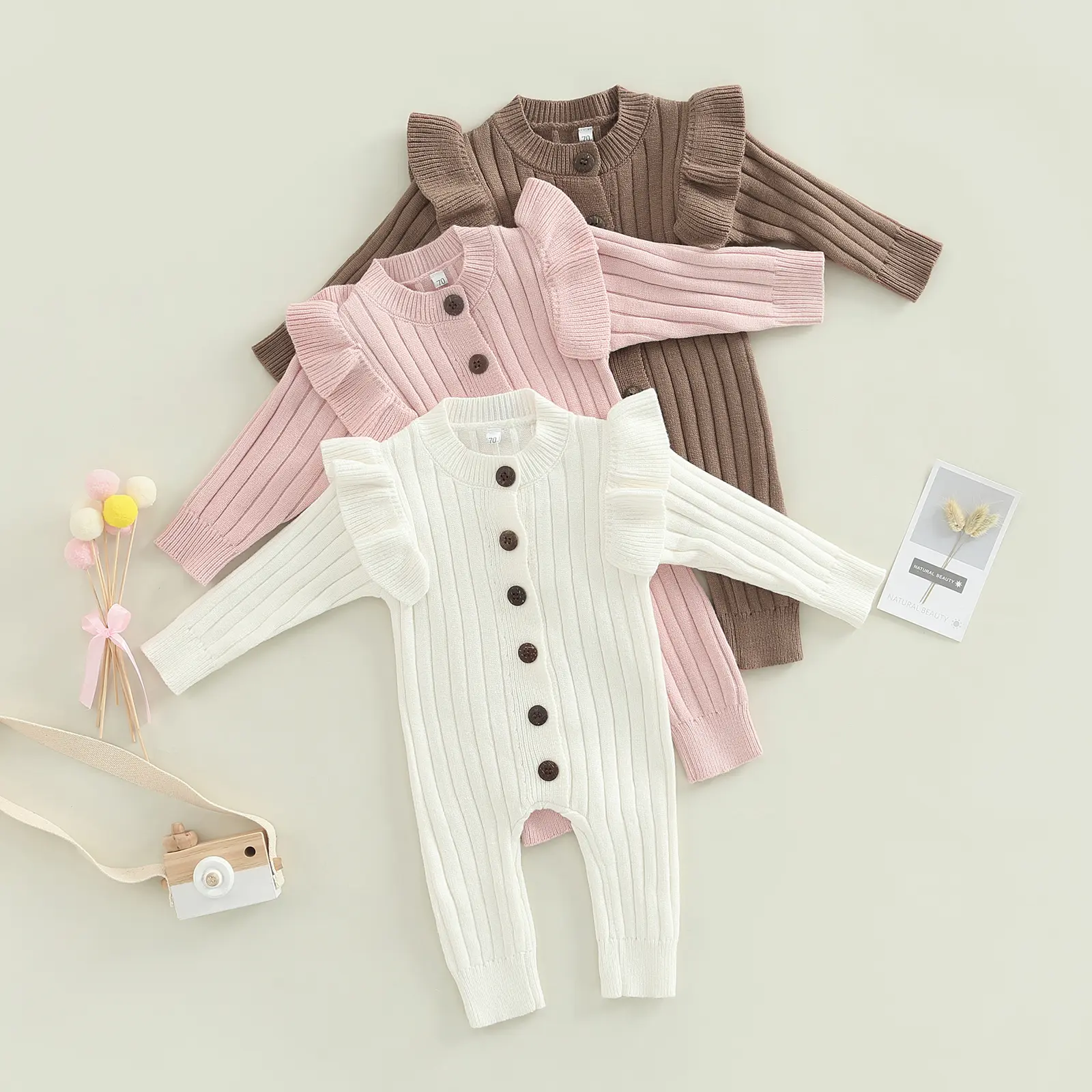Newborn Baby Girl Boy Knit Sweater Romper Solid Long Sleeve Button Ruffles Jumpsuit Fall Winter Clothes Outfit