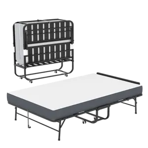 75”x46” Folding Bed with Adjustable Headboard & 5 Inch Memory Foam Mattress, Heavy Duty Rollaway Guest Bed on Wheels for Adults, Extra Long Portable Twin Folding Cot japanese floor bed