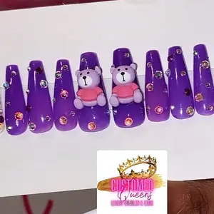 Customed Queens Co Rhinestone Bear Long Coffin Press On Nail Set Purple Press-On Nails with Rhinestone Bear Design