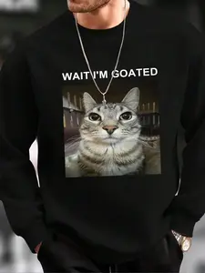 Men's Cat & Letter Print Drop Shoulder Sweatshirt, Loose Casual Soft Comfy Long Sleeve Round Neck Pullover for Fall & Winter, Men's Clothes for Daily Wear