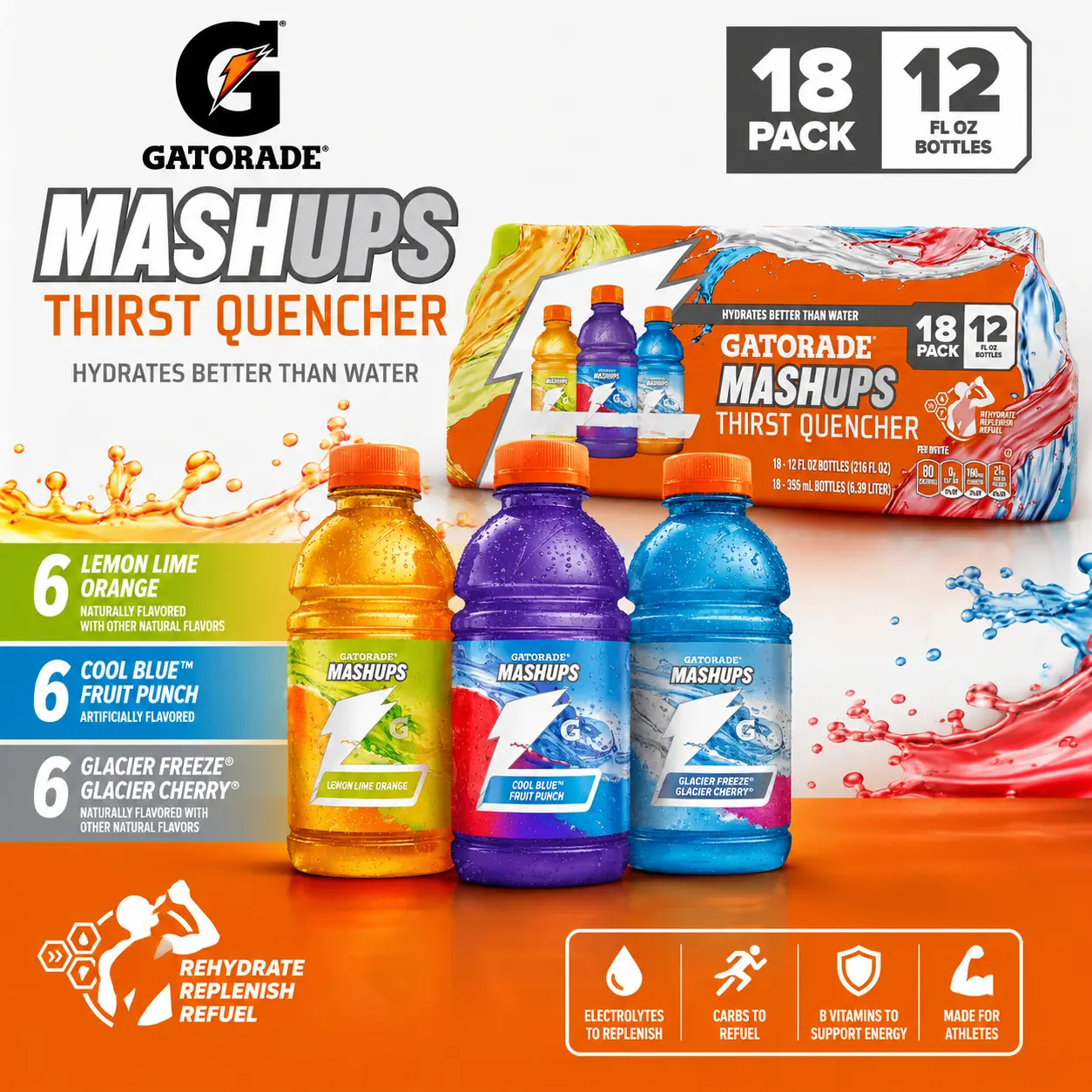 Gatorade Thirst Quencher Sports Beverage, Mashups Variety Pack - Cool Blue-Fruit Punch, Lemon-Lime-Orange, Glacier Freeze-Glacier Cherry, 12 Fl Oz (Pack of 18)
