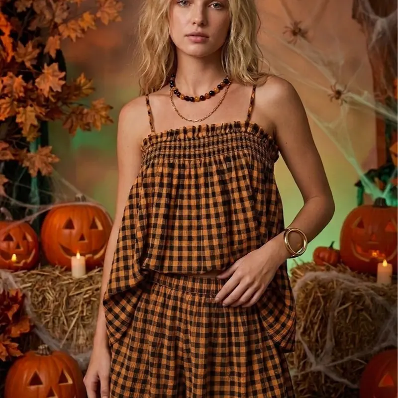 Women's Plaid Gingham Lounge Outfits Ruffle Flowy Tank Tops and Wide Leg Shorts Sets