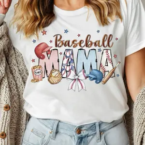 Baseball Mama T-Shirt for Women - White Crew Neck Short Sleeve with Baseball Theme Design