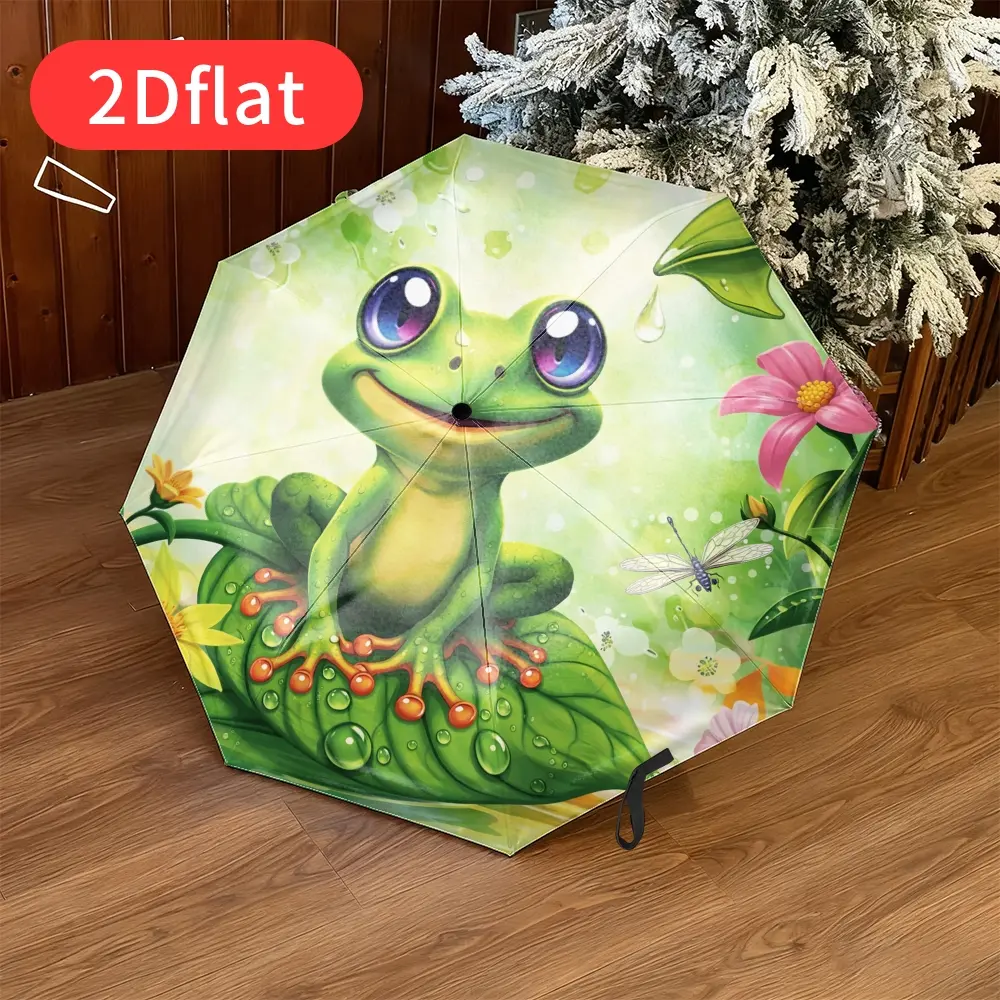 An adorable frog folding umbrella – featuring a vivid 2D flat print with fresh, natural floral elements, a durable canopy made of sturdy plastic and iron, lightweight and portable, perfect for travel, commuting, and