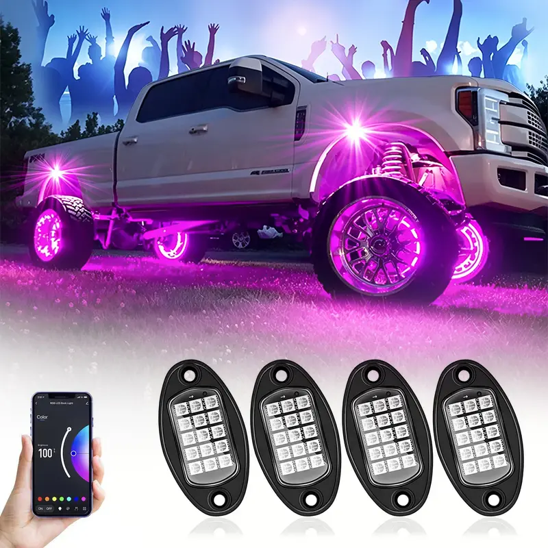 High Quality Car Rock Lights RGB Underglow Decor Light Pods 4pcs with Bluetooth-compatible APP Control, Multi-Color Neon, Music Mode, Waterproof IP68, Fit for Truck Atv Utv Rzr Suv, Led Car Ambient Light Car Interior Accessory ambient decor