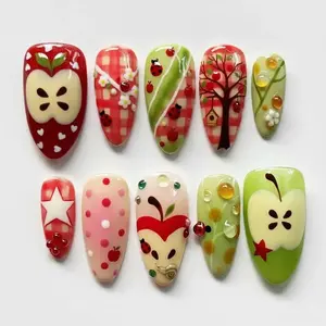 Handmade Apple Press On Nails |   3D Ladybug Nails ,Unique Almond Nails Set, Fruit Nails, Spring Nails, Colorful Nails, Valentine Nails