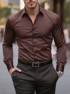 Men's Fashion Casual Formal Solid Color Coffee Long Sleeve Shirt, Stylish Business Wear, Comfortable and Elegant Design